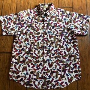 Vintage Men’s Button Down Shirt White Graphic Print Short Sleeve Camp Shirt XL